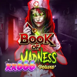 Interface do jogo de slot Book of Madness Deluxe com símbolos de terror